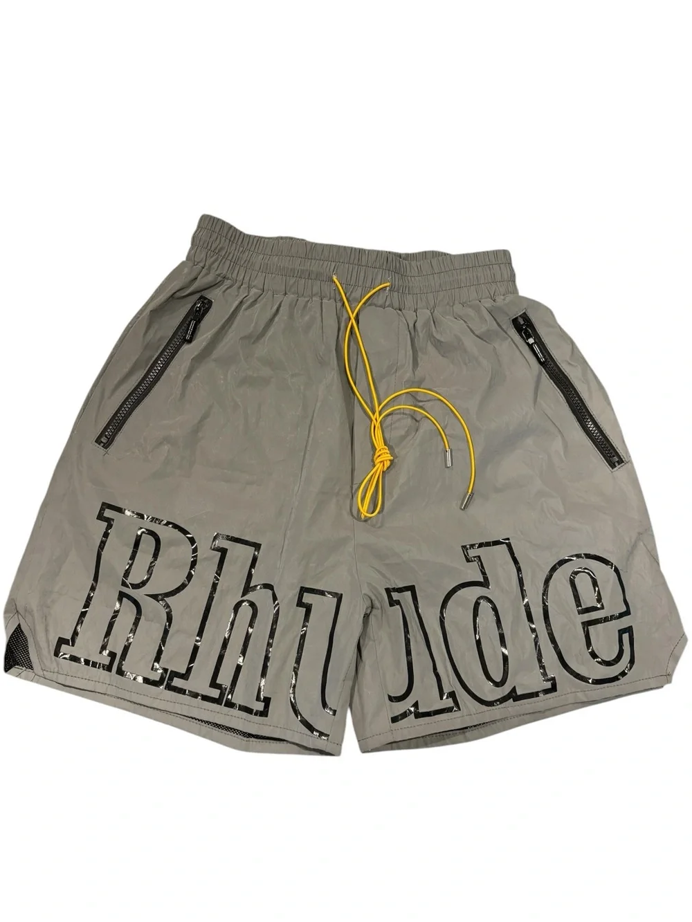Rhude Men's Gray Logo Swim Shorts with Yellow Drawstring S